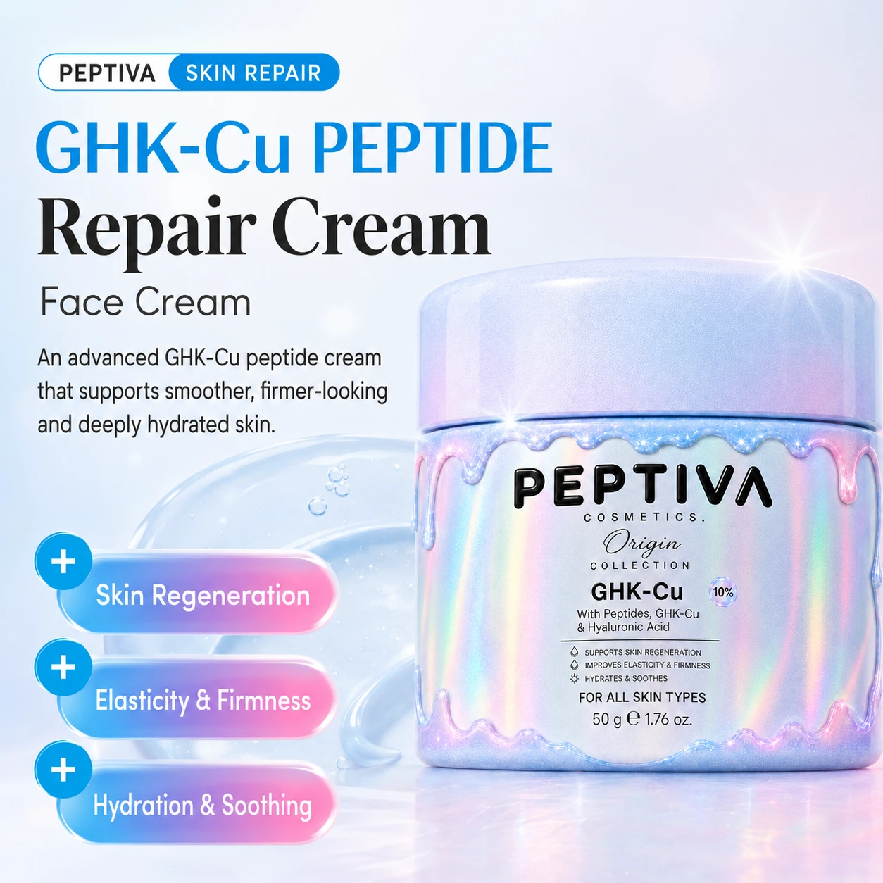 GHK-Cu Peptide Repair Cream — Gesichtscreme mit GHK-Cu Peptid für glattere, festere und tief durchfeuchtete Haut. Skin Regeneration, Elasticity & Firmness, Hydration & Soothing.